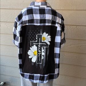 Faith Cross Upcycled Flannel Shirt Unisex Size XXL Handmade